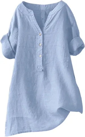 Womens Button Shirt Cotton and Linen 3/4 Sleeve V Neck Basic Shirt Casual Loose Business Blouses Tunics Top