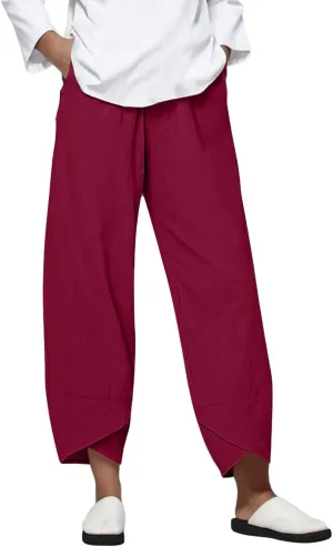 Womens Capri Linen Pants Casual Summer Baggy Wide Leg Beach Pants Elastic High Waist Palazzo Lounge Cropped Trousers