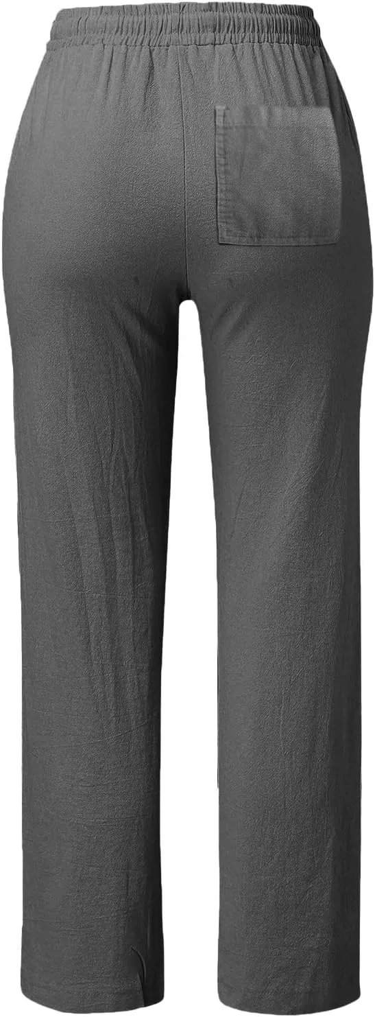 Womens Casual Cotton Linen Pants Drawstring Loose Summer Trousers Straight Leg Comfy Lounge Long Trousers with Pocket