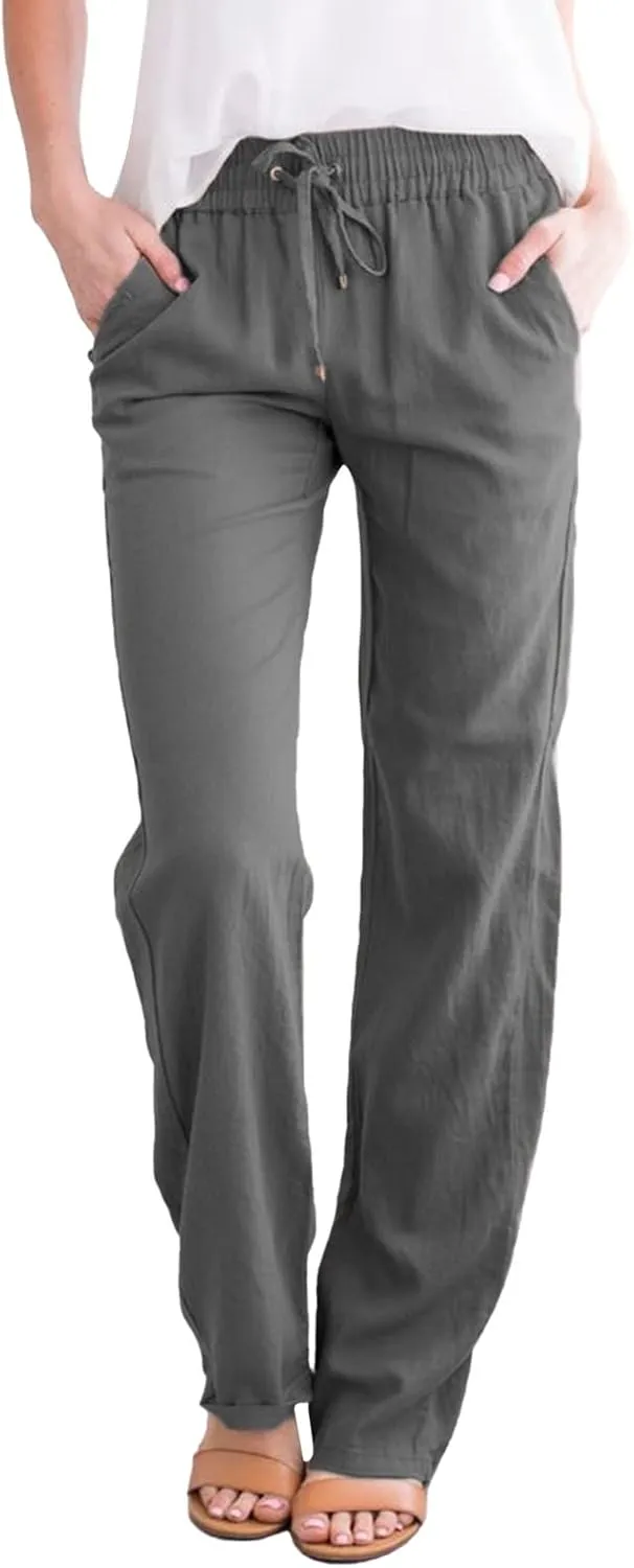 Womens Casual Cotton Linen Pants Drawstring Loose Summer Trousers Straight Leg Comfy Lounge Long Trousers with Pocket