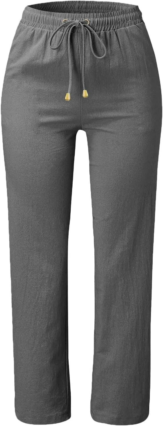 Womens Casual Cotton Linen Pants Drawstring Loose Summer Trousers Straight Leg Comfy Lounge Long Trousers with Pocket