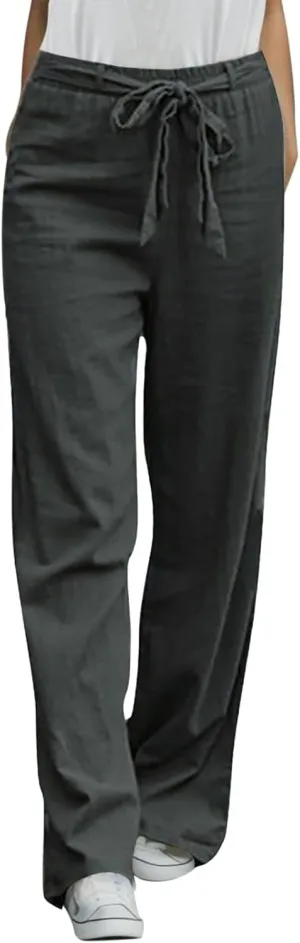 Womens Casual High Waisted Wide Leg Pants Straight Leg Trousers Linen Elastic Waist Loose Fit Straight Pants with Pockets