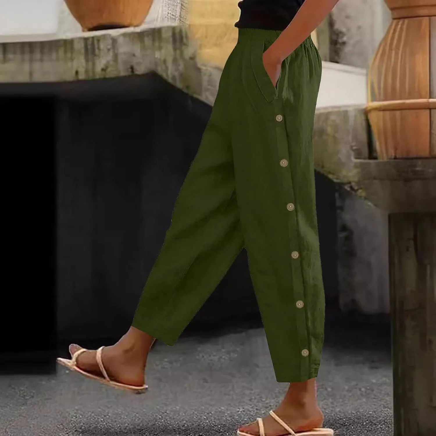 Womens Casual Pants Lightweight High Waist Elastic Straight Leg Lounge Pant Summer Loose Travel Trousers with Pockets