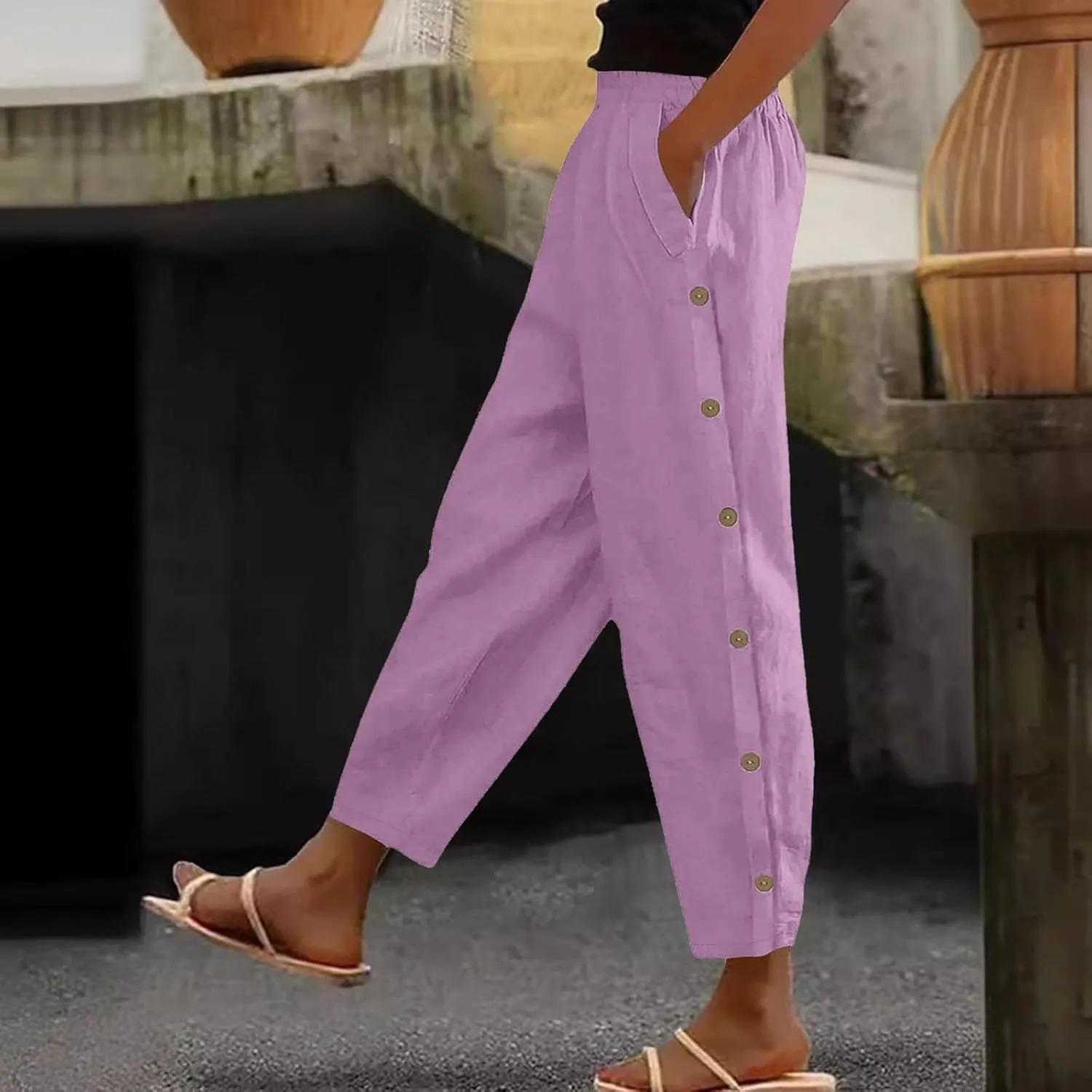 Womens Casual Pants Lightweight High Waist Elastic Straight Leg Lounge Pant Summer Loose Travel Trousers with Pockets