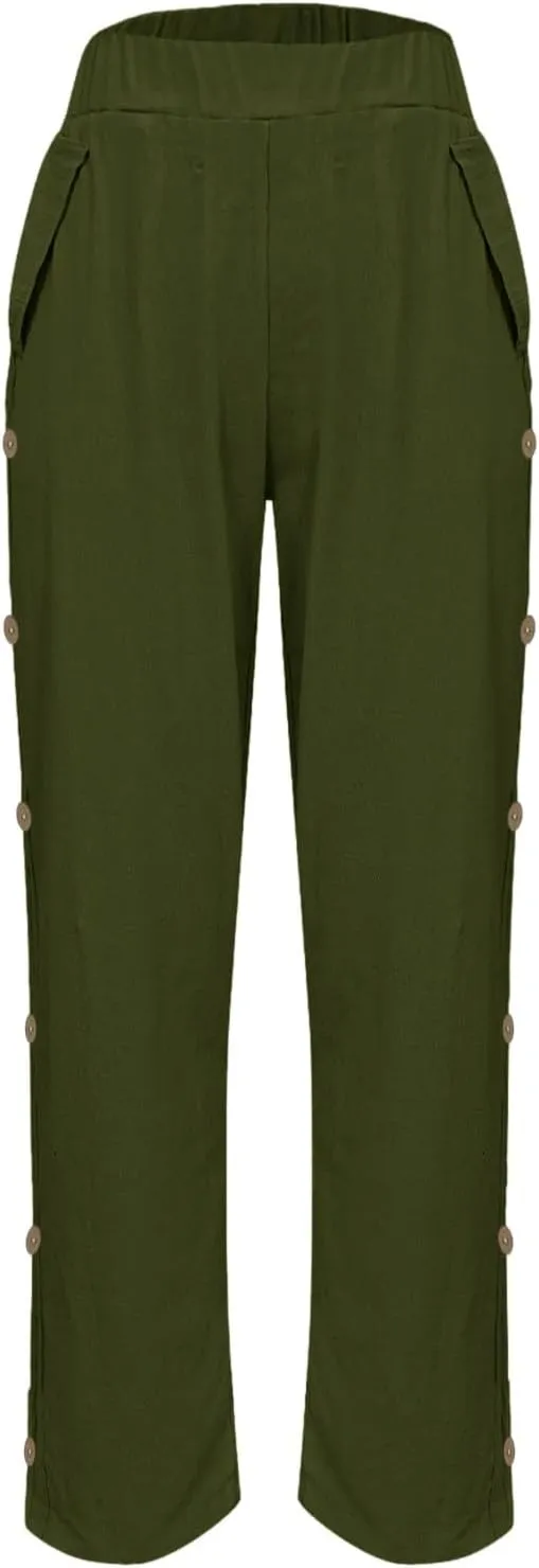 Womens Casual Pants Lightweight High Waist Elastic Straight Leg Lounge Pant Summer Loose Travel Trousers with Pockets