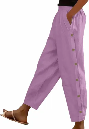 Womens Casual Pants Lightweight High Waist Elastic Straight Leg Lounge Pant Summer Loose Travel Trousers with Pockets