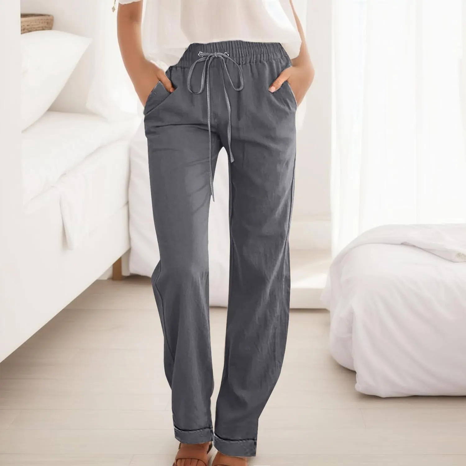Womens Casual Pants Straight Leg Drawstring Elastic High Waist Loose Trousers Summer Casual Breathable Pants with Pockets