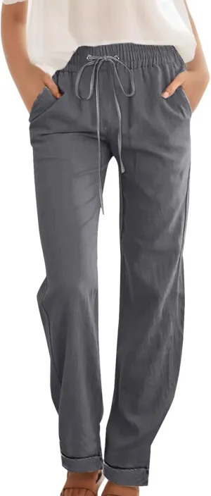 Womens Casual Pants Straight Leg Drawstring Elastic High Waist Loose Trousers Summer Casual Breathable Pants with Pockets