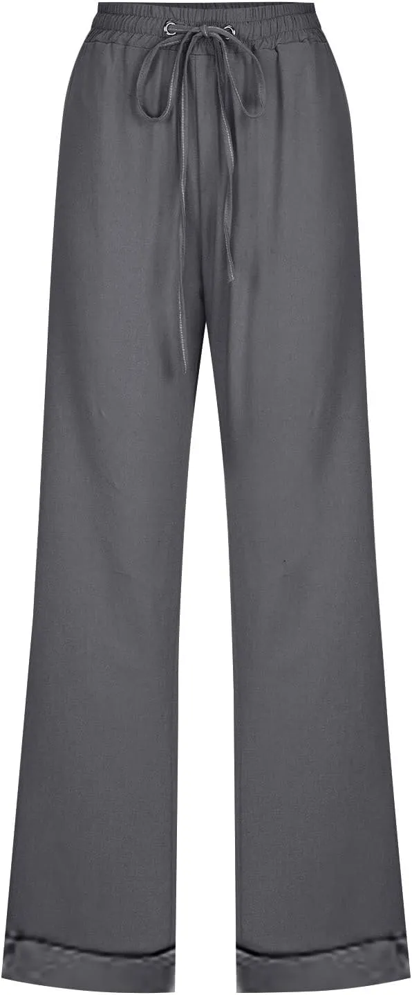 Womens Casual Pants Straight Leg Drawstring Elastic High Waist Loose Trousers Summer Casual Breathable Pants with Pockets