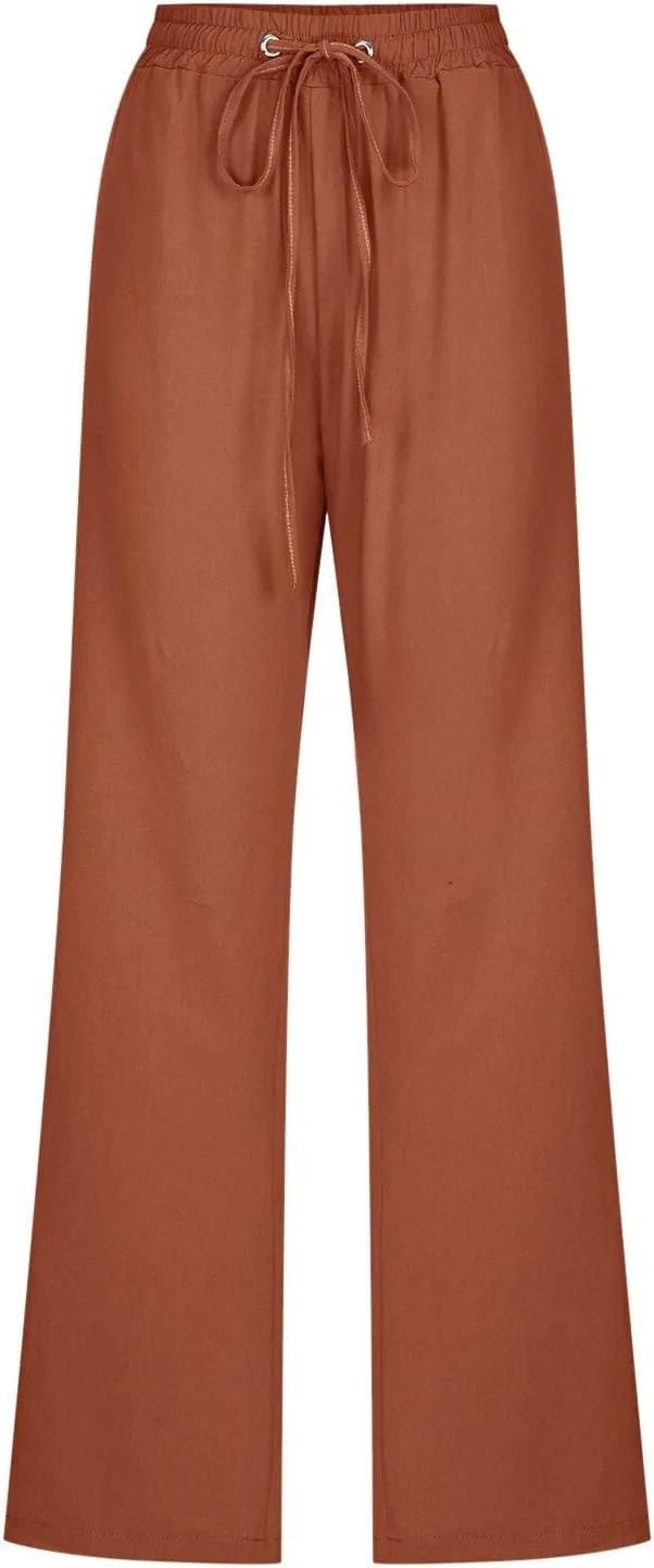 Womens Cotton Linen Casual Pants Straight Leg Drawstring Casual Elastic High Waist Loose Comfy Palazzo Trousers with Pockets