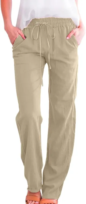 Womens Cotton Linen Casual Pants Straight Leg Drawstring Casual Elastic High Waist Loose Comfy Palazzo Trousers with Pockets