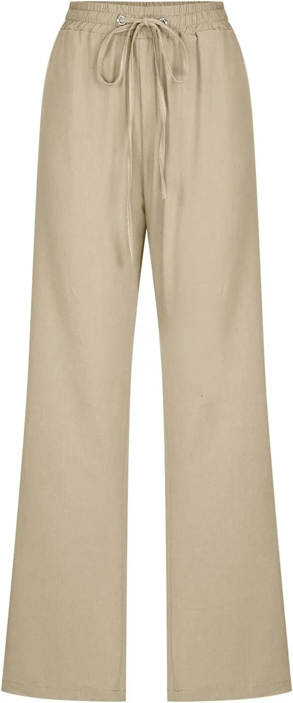 Womens Cotton Linen Casual Pants Straight Leg Drawstring Casual Elastic High Waist Loose Comfy Palazzo Trousers with Pockets