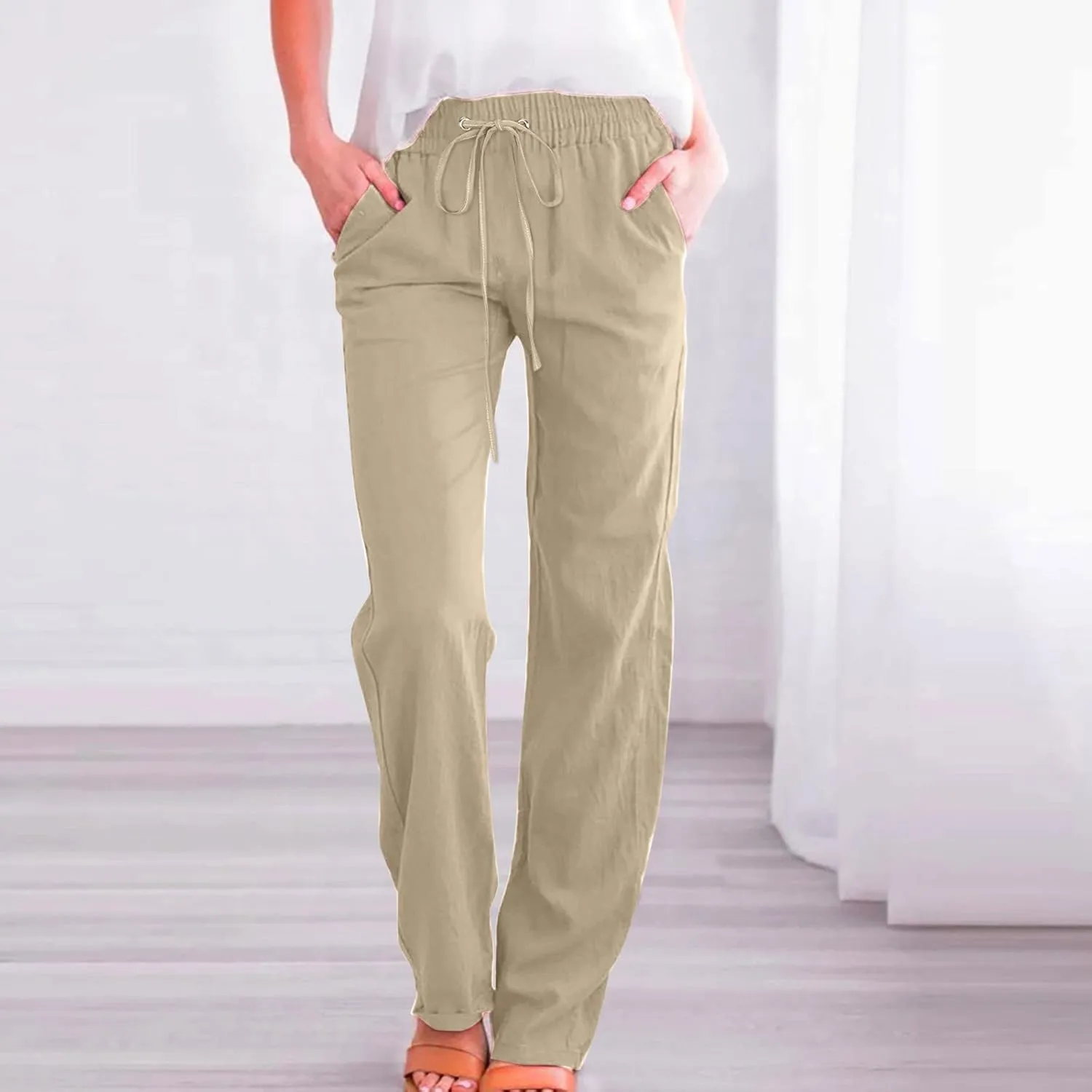 Womens Cotton Linen Casual Pants Straight Leg Drawstring Casual Elastic High Waist Loose Comfy Palazzo Trousers with Pockets