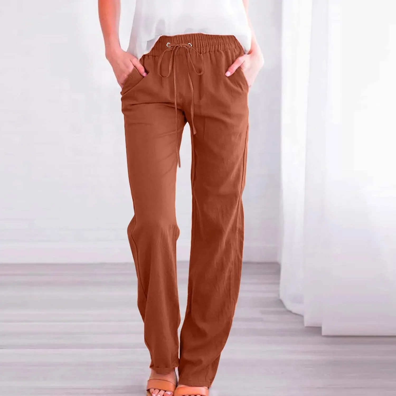 Womens Cotton Linen Casual Pants Straight Leg Drawstring Casual Elastic High Waist Loose Comfy Palazzo Trousers with Pockets