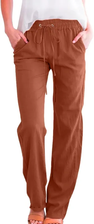 Womens Cotton Linen Casual Pants Straight Leg Drawstring Casual Elastic High Waist Loose Comfy Palazzo Trousers with Pockets