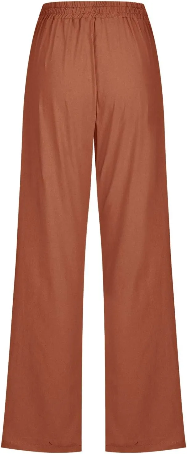 Womens Cotton Linen Casual Pants Straight Leg Drawstring Casual Elastic High Waist Loose Comfy Palazzo Trousers with Pockets