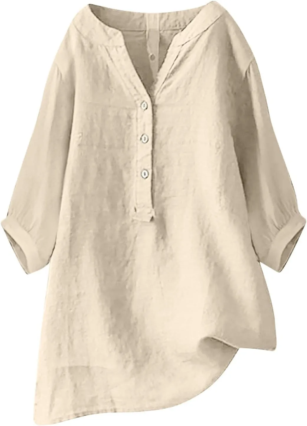 Womens Cotton Linen Shirts Solid 3/4 Sleeve Tunic Tops Oversized Tshirts Casual V Neck Dressy Blouses