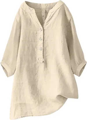 Womens Cotton Linen Shirts Solid 3/4 Sleeve Tunic Tops Oversized Tshirts Casual V Neck Dressy Blouses