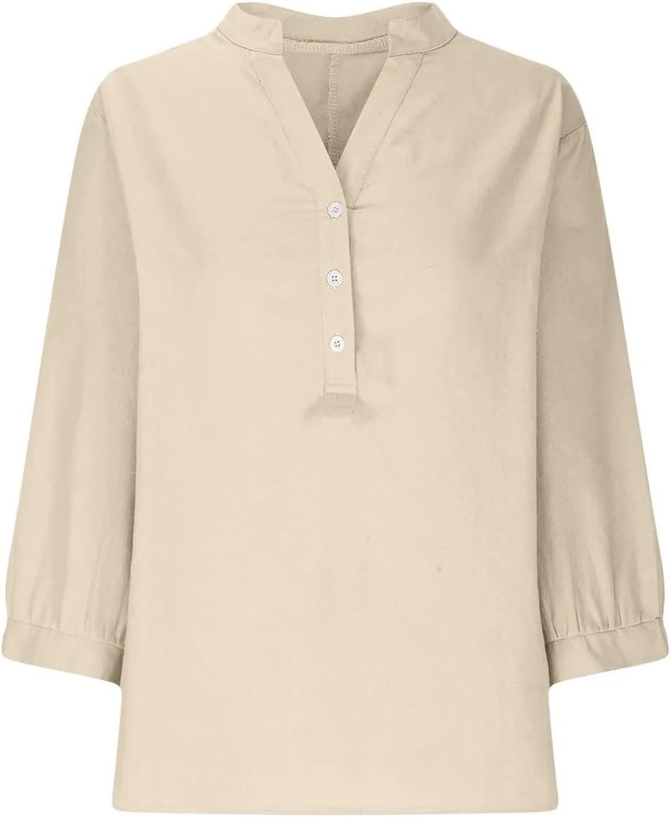 Womens Cotton Linen Shirts Solid 3/4 Sleeve Tunic Tops Oversized Tshirts Casual V Neck Dressy Blouses