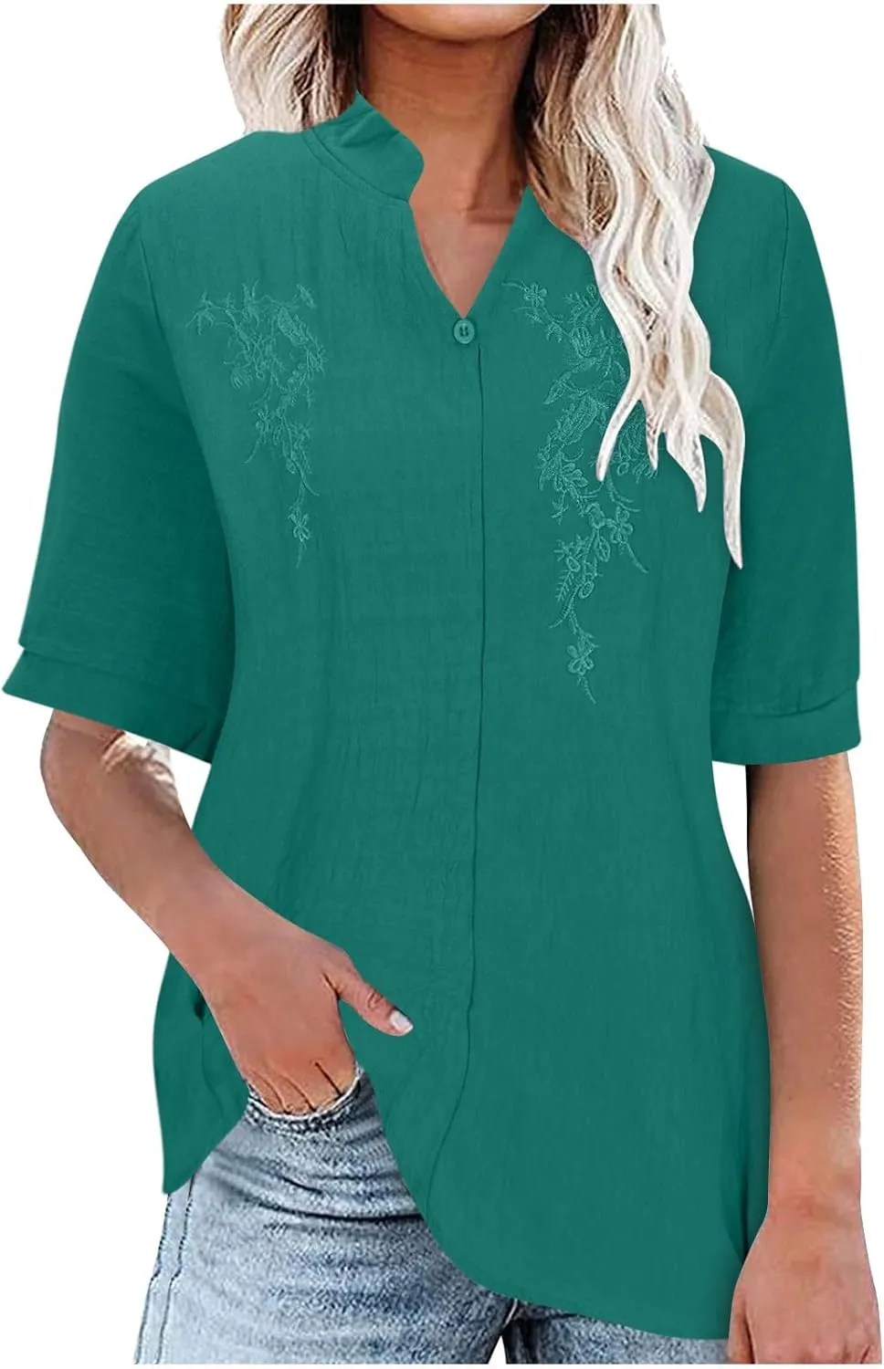 Womens Cotton Linen Summer Tops Short Sleeve Notched V Neck Tshirts Casual Loose Fit Cute Tees Soft Cmofy Shirts