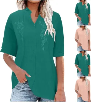 Womens Cotton Linen Summer Tops Short Sleeve Notched V Neck Tshirts Casual Loose Fit Cute Tees Soft Cmofy Shirts