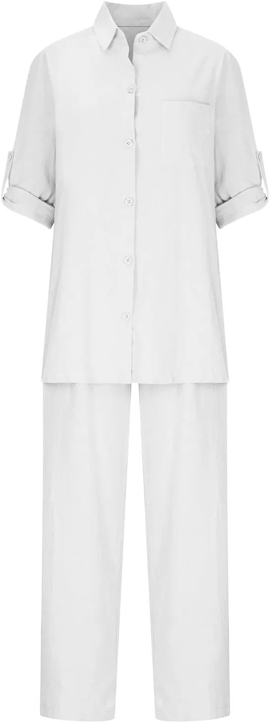 Women's Cotton Linen Two Piece Work Suits Summer Ladies Oversized Tops and Pants Sets Dressy Casual Solid Outfits