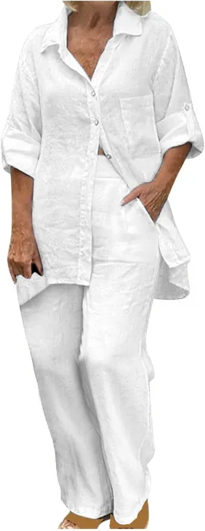 Women's Cotton Linen Two Piece Work Suits Summer Ladies Oversized Tops and Pants Sets Dressy Casual Solid Outfits