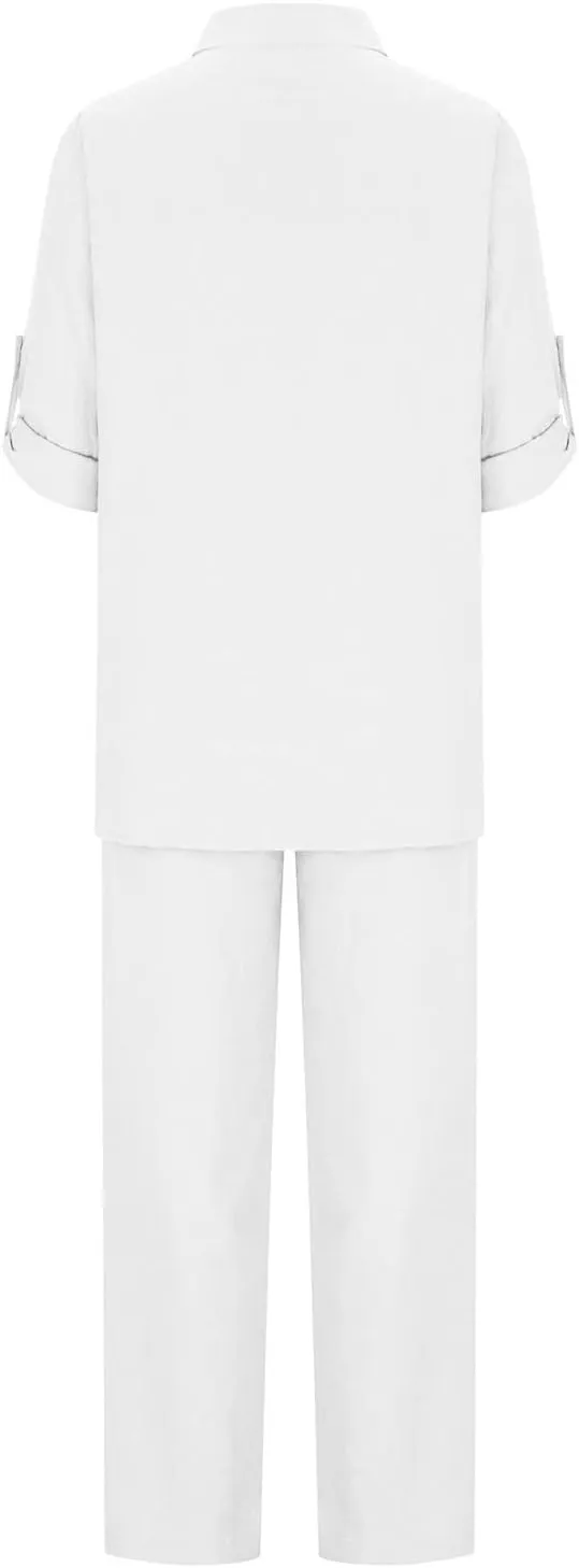 Women's Cotton Linen Two Piece Work Suits Summer Ladies Oversized Tops and Pants Sets Dressy Casual Solid Outfits