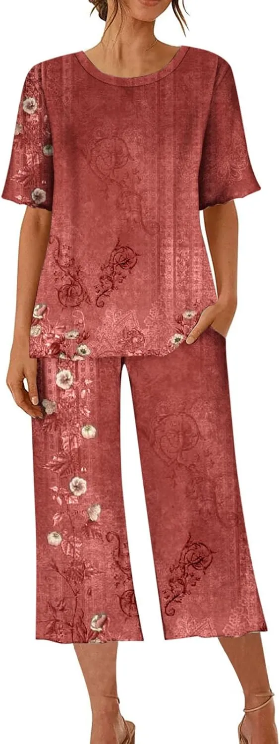 Women's Cotton Pajamas Short Sleeve Tops and Capri Pants 2 Piece Loungewear Plus Size Summer Pajama Sets with Pocket