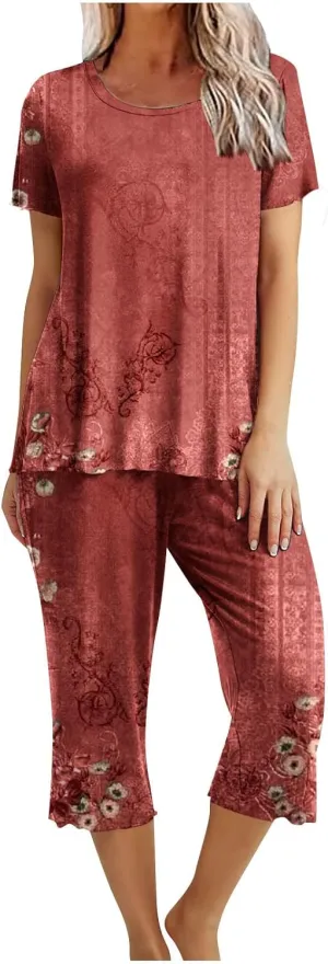 Women's Cotton Pajamas Short Sleeve Tops and Capri Pants 2 Piece Loungewear Plus Size Summer Pajama Sets with Pocket