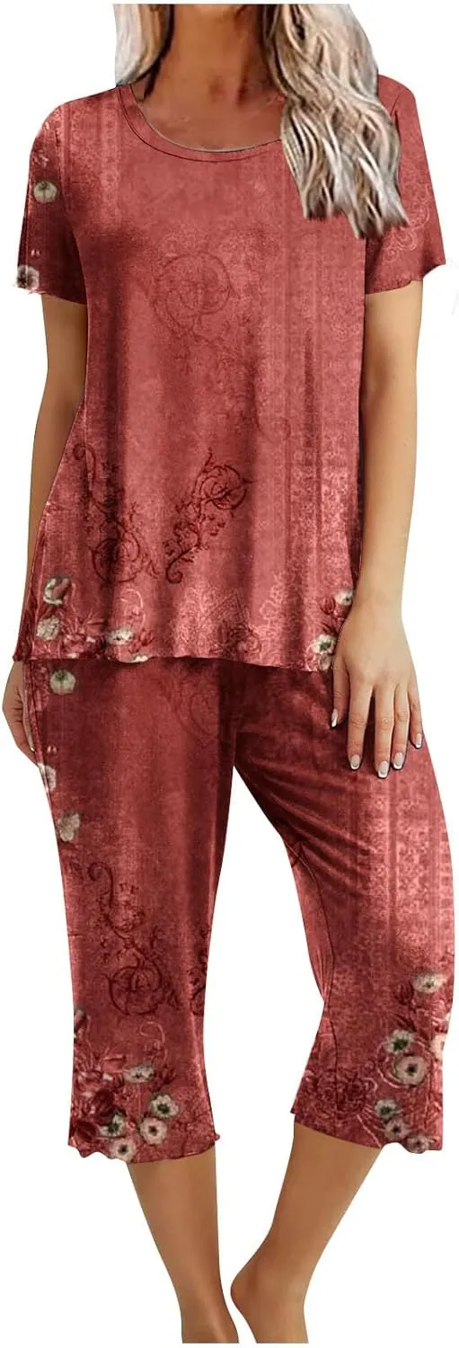 Women's Cotton Pajamas Short Sleeve Tops and Capri Pants 2 Piece Loungewear Plus Size Summer Pajama Sets with Pocket