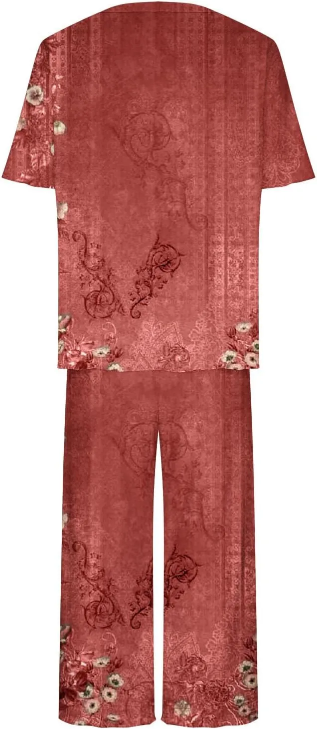 Women's Cotton Pajamas Short Sleeve Tops and Capri Pants 2 Piece Loungewear Plus Size Summer Pajama Sets with Pocket