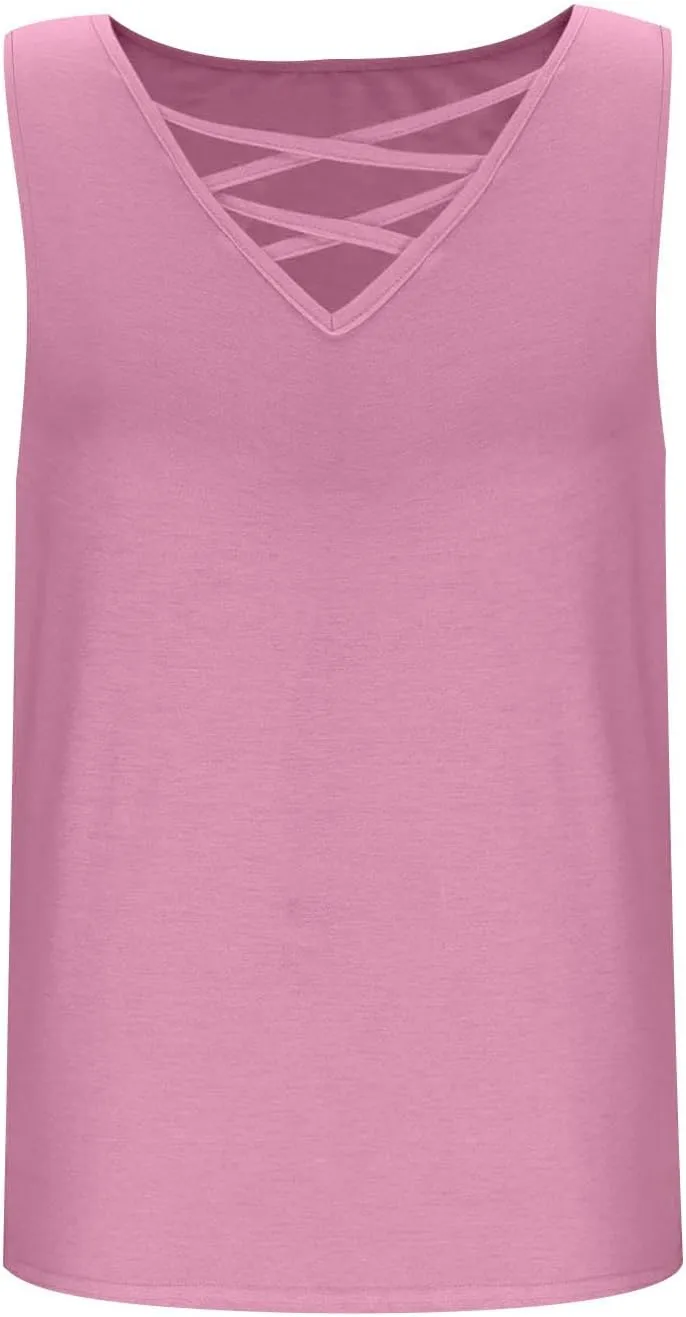 Womens Criss Cross V Neck Tank Tops Summer Sleeveless Tunic Shirts Casual Basic Tee Shirt Loose Fit Blouses