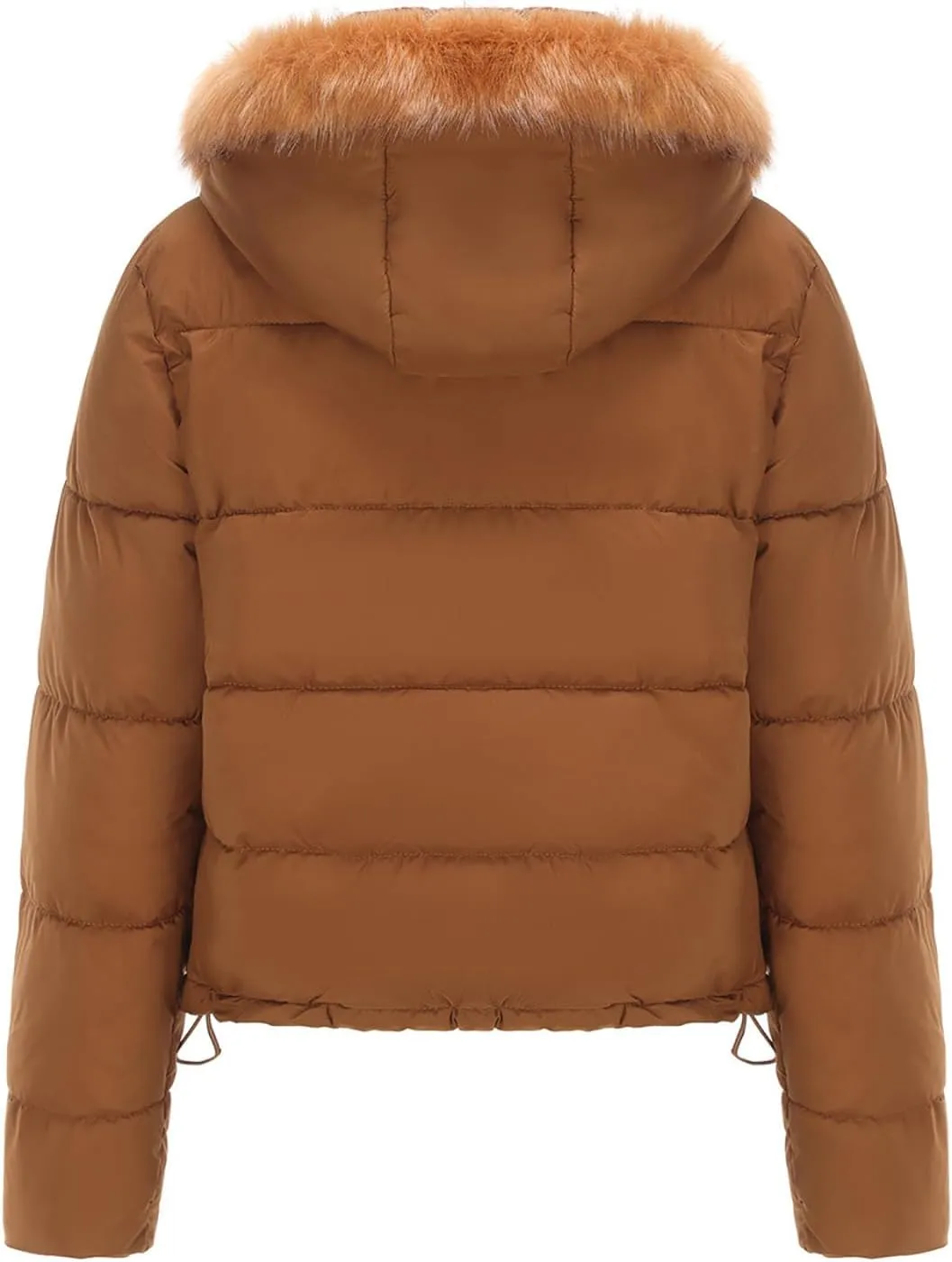 Women's Crop Puffer Jacket Warm Thickened Zip Up Down Jacket Quilted Parkas Faux Fur Removable Hood Outerwear Pockets