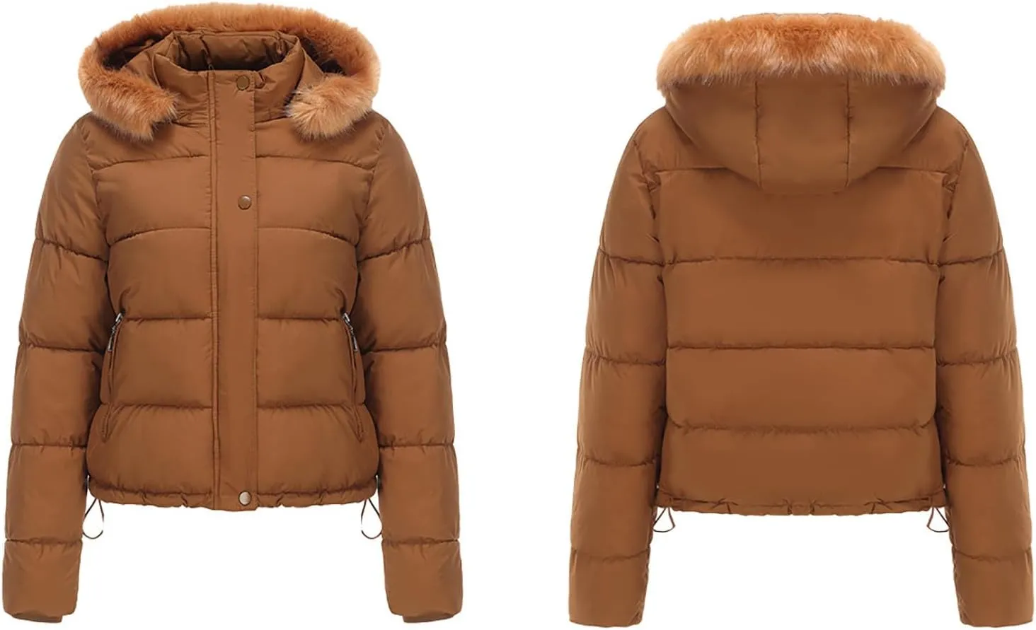 Women's Crop Puffer Jacket Warm Thickened Zip Up Down Jacket Quilted Parkas Faux Fur Removable Hood Outerwear Pockets