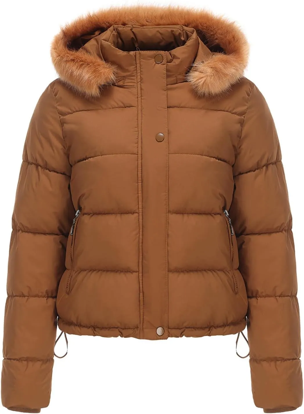 Women's Crop Puffer Jacket Warm Thickened Zip Up Down Jacket Quilted Parkas Faux Fur Removable Hood Outerwear Pockets