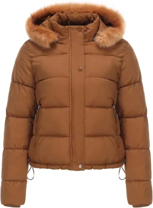 Women's Crop Puffer Jacket Warm Thickened Zip Up Down Jacket Quilted Parkas Faux Fur Removable Hood Outerwear Pockets