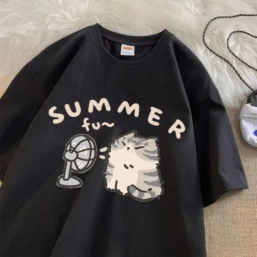 Women's Cute Cat Cartoon Print T-Shirt Kawaii Oversized Graphic Tees Y2K Men's Short Sleeve Tees Grunge Clothes