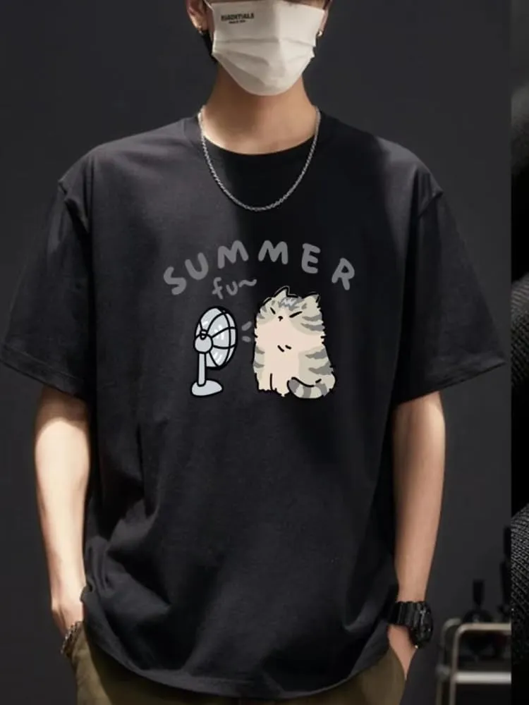 Women's Cute Cat Cartoon Print T-Shirt Kawaii Oversized Graphic Tees Y2K Men's Short Sleeve Tees Grunge Clothes