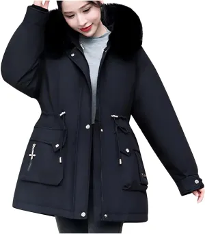 Women's Down Coats Parka Winter Warm Puffer Jackets Faux Fur Hood Jacket Plus Size Thick Outerwear with Pockets