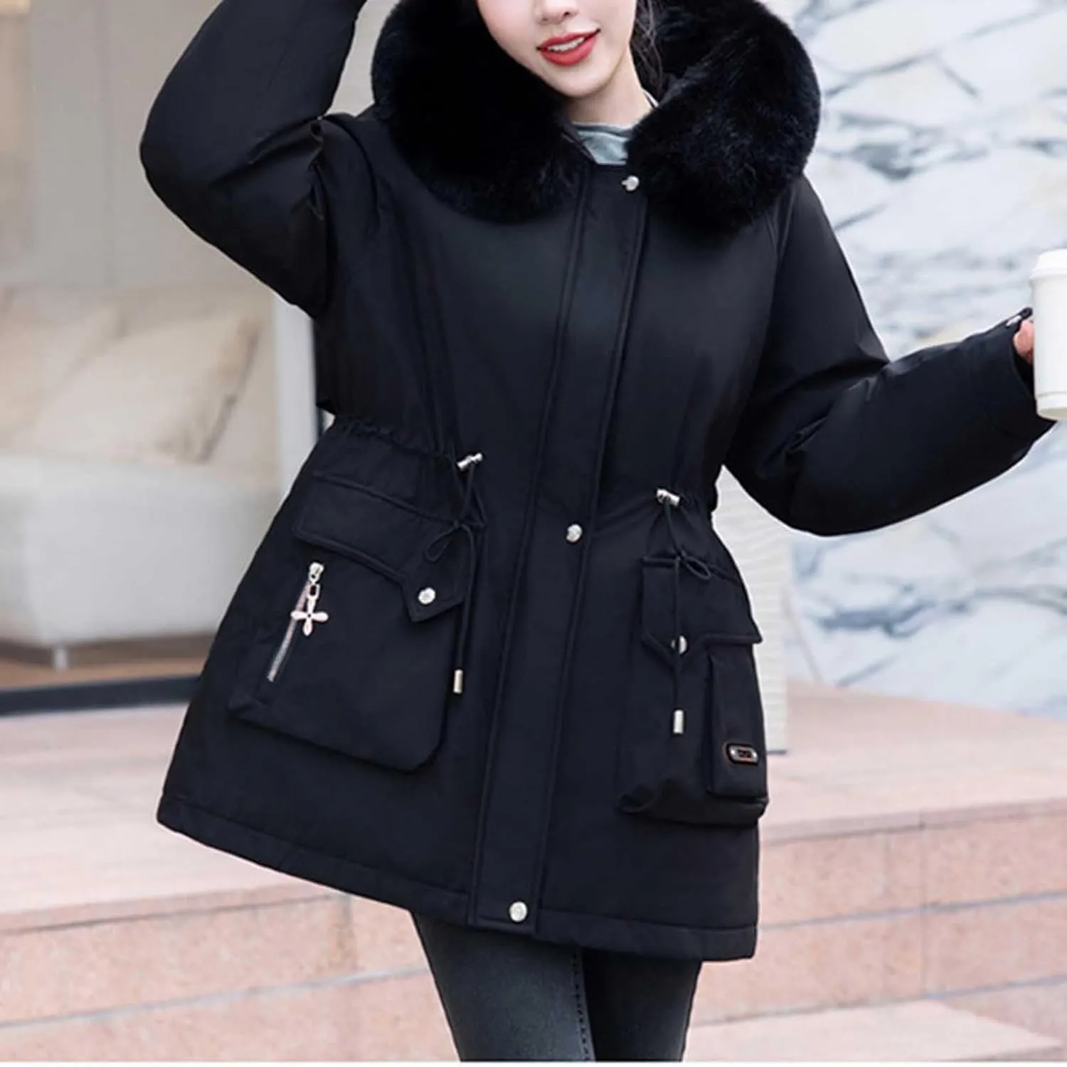Women's Down Coats Parka Winter Warm Puffer Jackets Faux Fur Hood Jacket Plus Size Thick Outerwear with Pockets