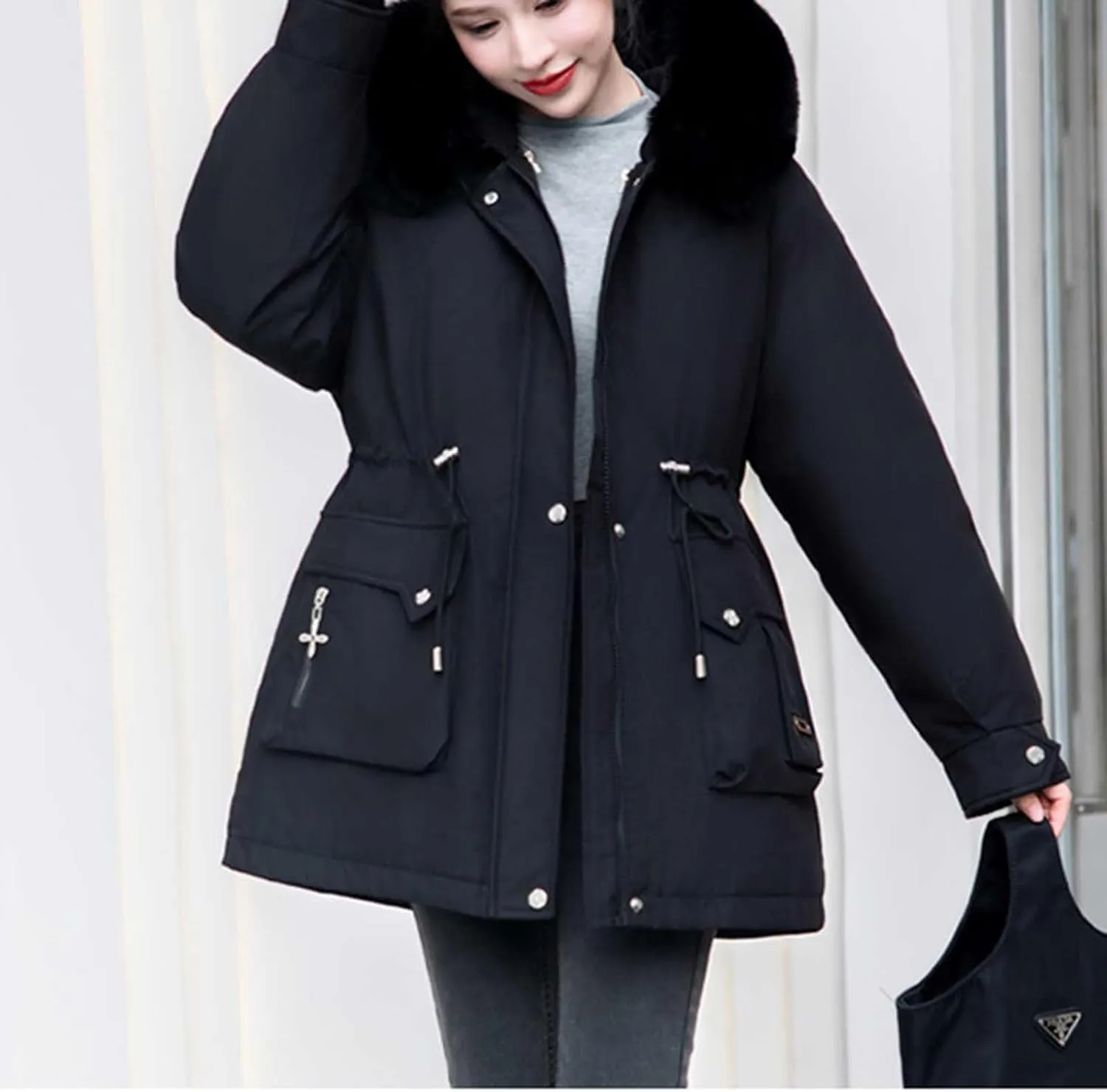 Women's Down Coats Parka Winter Warm Puffer Jackets Faux Fur Hood Jacket Plus Size Thick Outerwear with Pockets