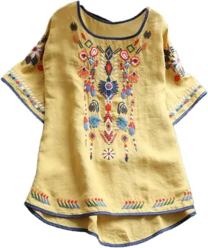Women's Embroidered Blouse Cotton Linen Short Sleeve Peasant Boho Mexican Tunic Top Crew Neck Casual T Shirts
