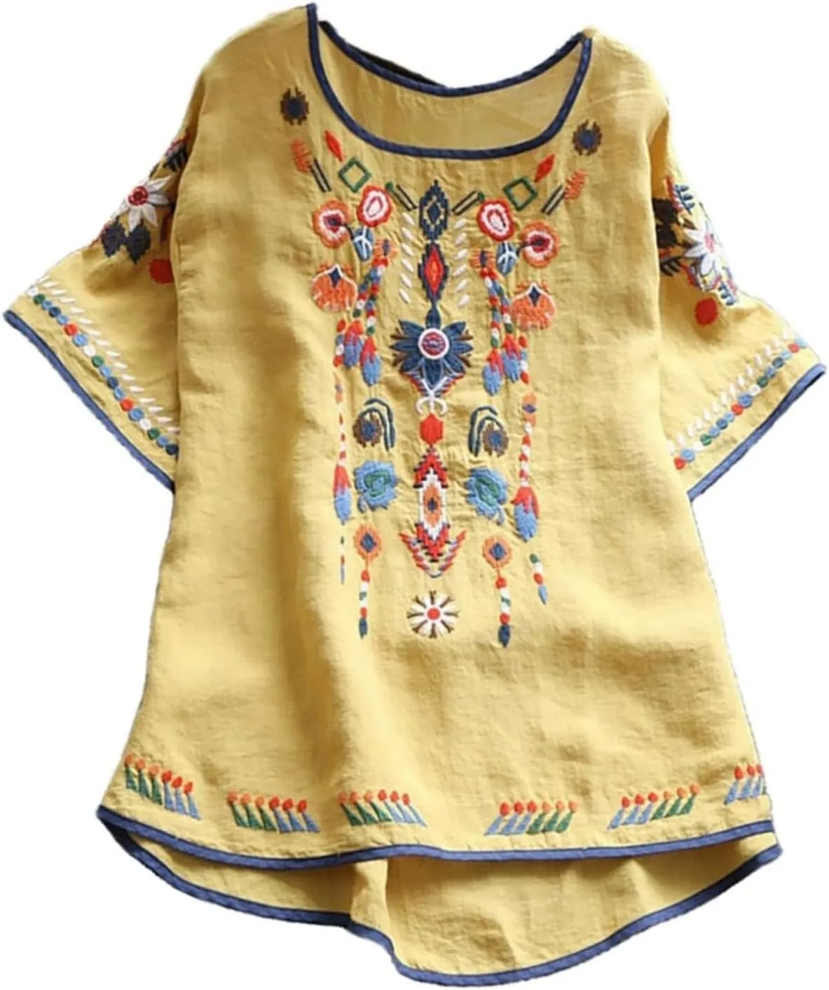 Women's Embroidered Blouse Cotton Linen Short Sleeve Peasant Boho Mexican Tunic Top Crew Neck Casual T Shirts