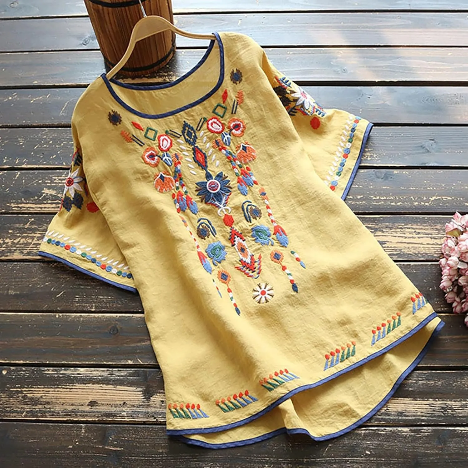 Women's Embroidered Blouse Cotton Linen Short Sleeve Peasant Boho Mexican Tunic Top Crew Neck Casual T Shirts
