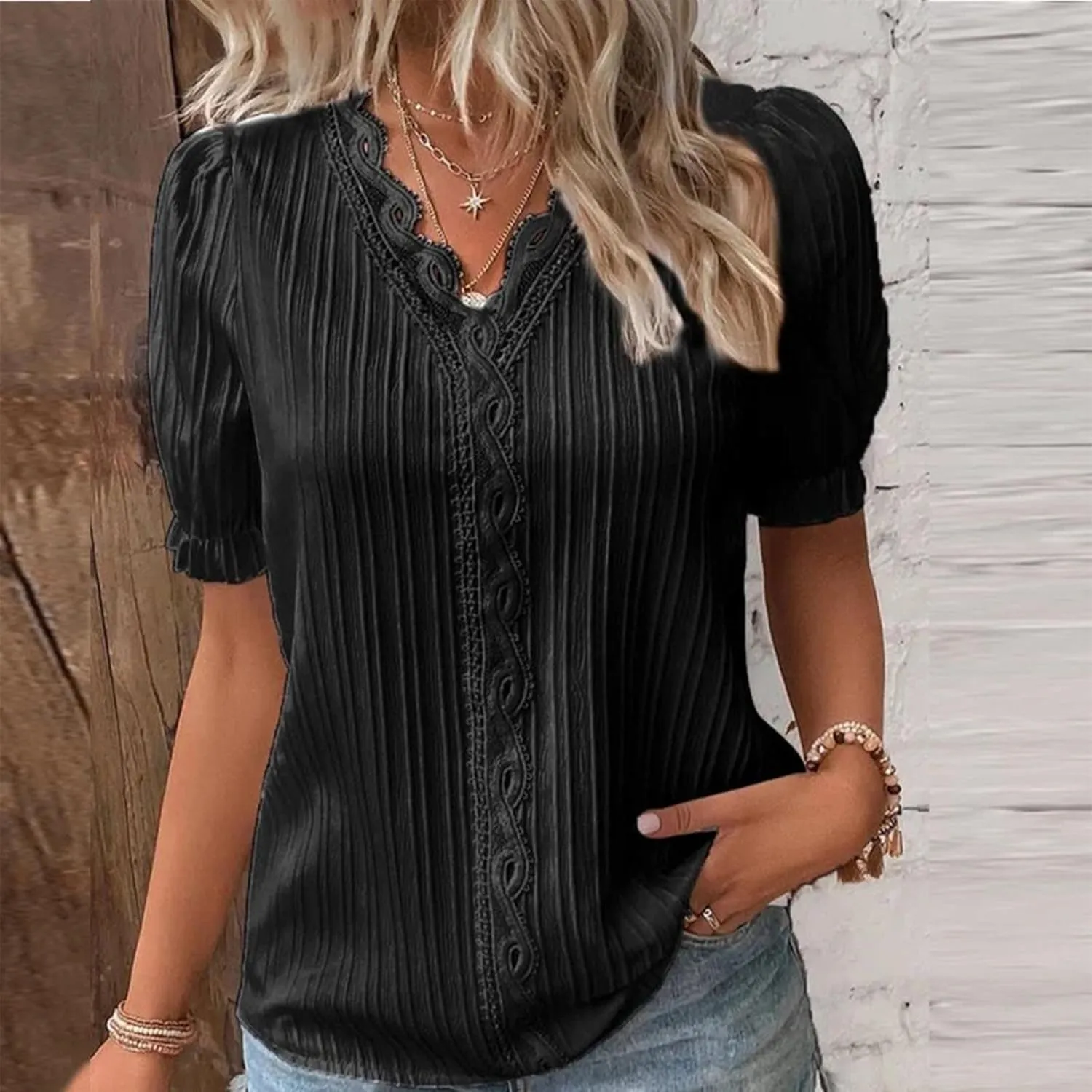 Womens Evening Elegant Tops Classy Party Dressy Casual Oversized Tshirts for Women Puff Sleeve Blouse Hollow Tunic