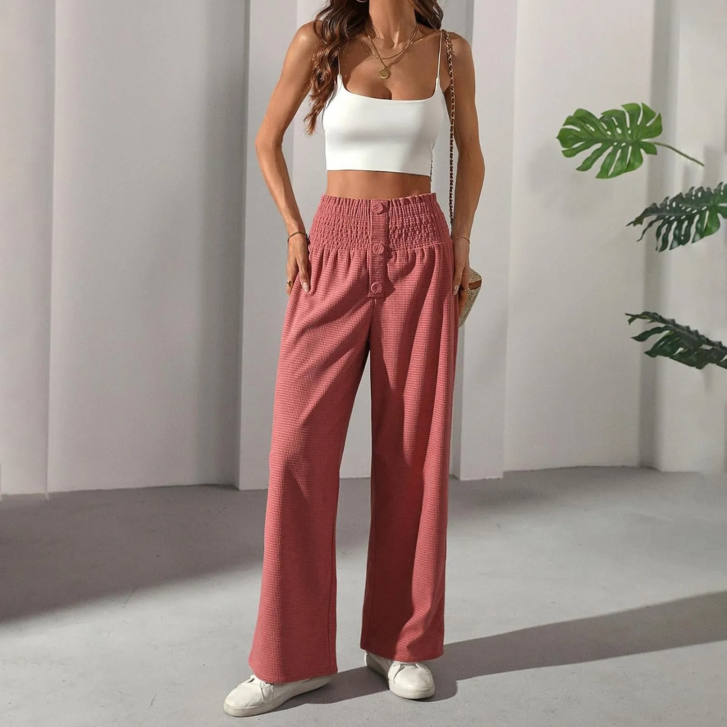 Women's Fall Winter Plaid Casual Long Pants Straight Leg Elastic High Waist Pants Solid Color Comfy Baggy Trousers