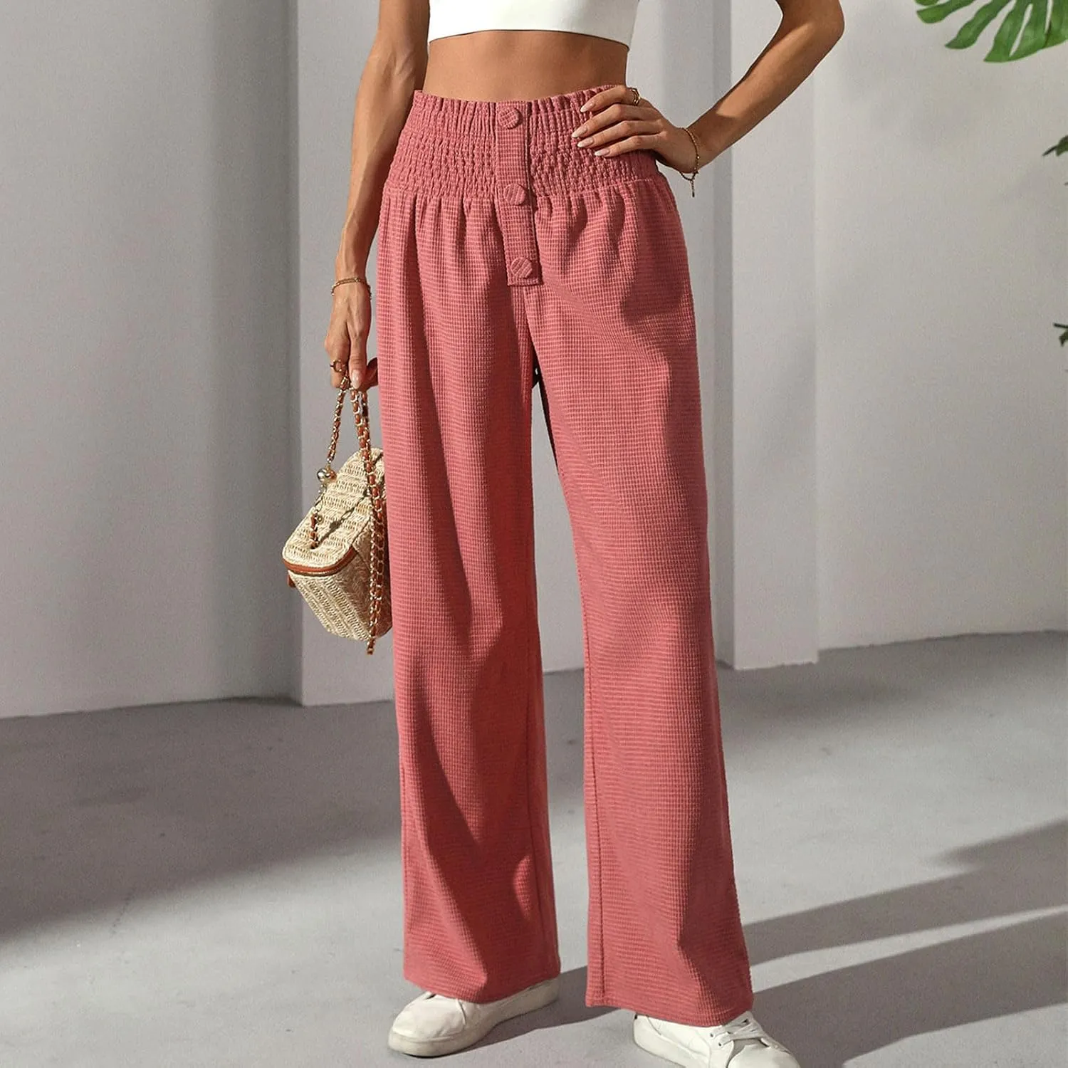 Women's Fall Winter Plaid Casual Long Pants Straight Leg Elastic High Waist Pants Solid Color Comfy Baggy Trousers