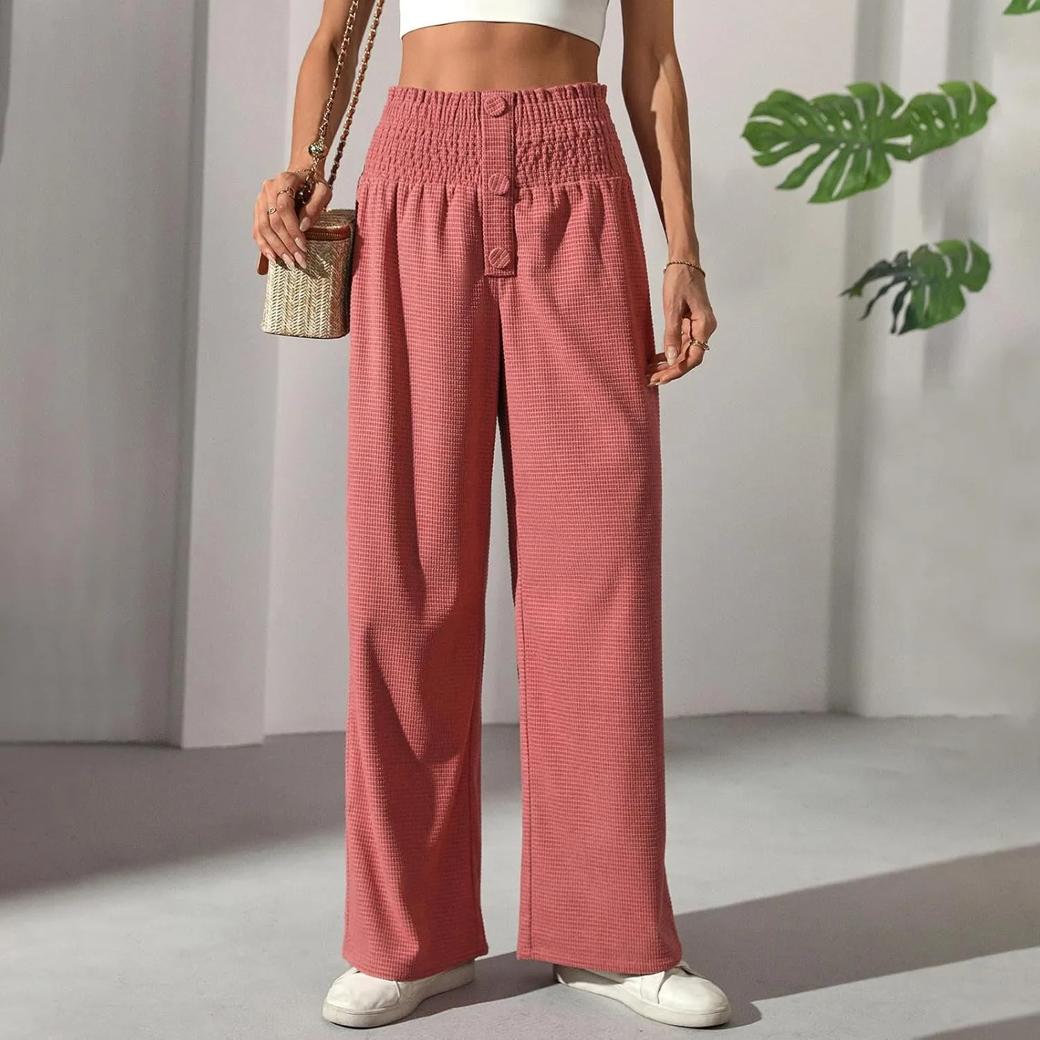 Women's Fall Winter Plaid Casual Long Pants Straight Leg Elastic High Waist Pants Solid Color Comfy Baggy Trousers