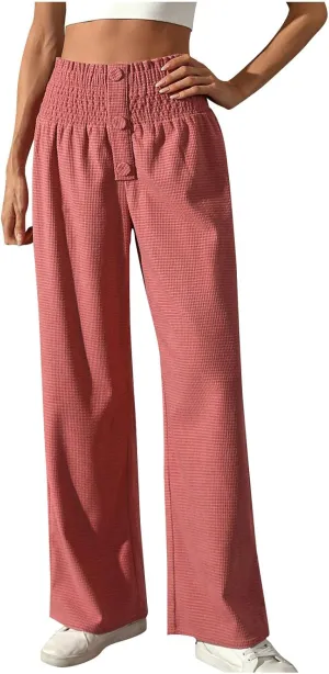 Women's Fall Winter Plaid Casual Long Pants Straight Leg Elastic High Waist Pants Solid Color Comfy Baggy Trousers